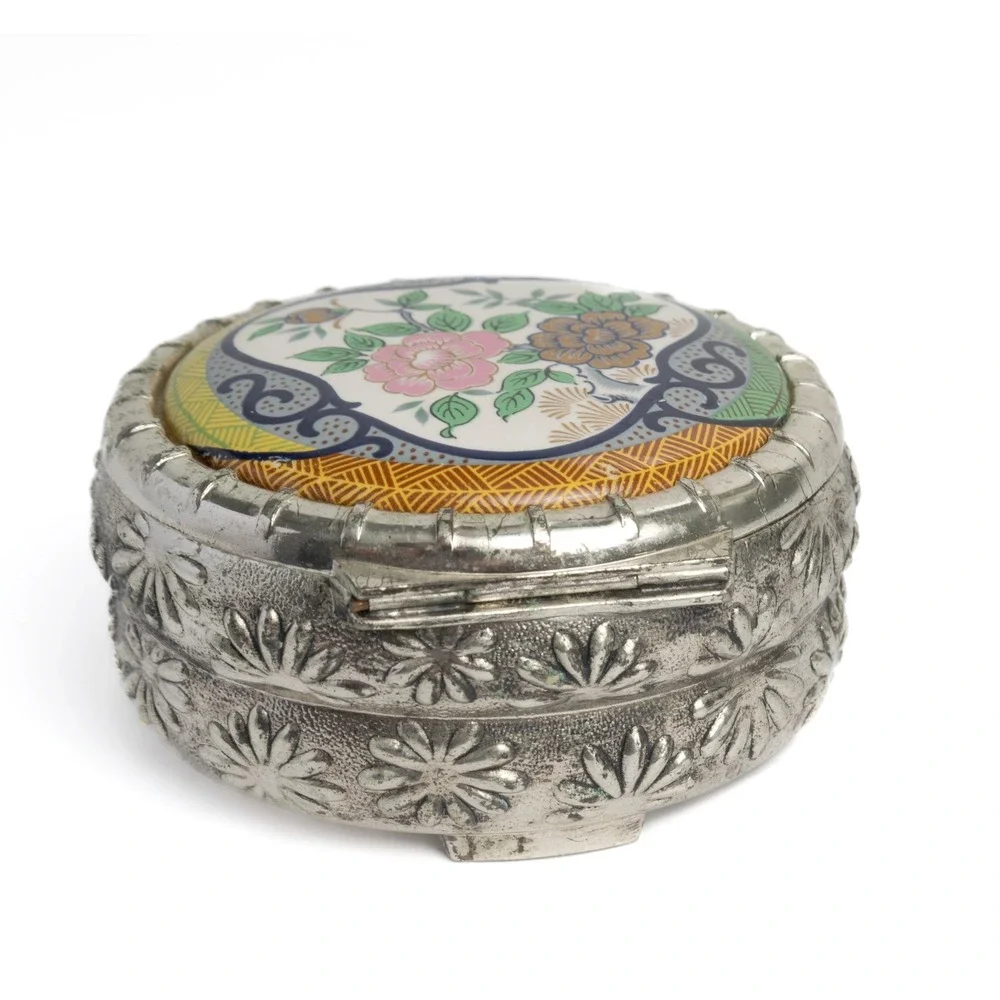 F.B. Rogers Silver Plated Trinket Box Floral Porcelain Lid Vintage